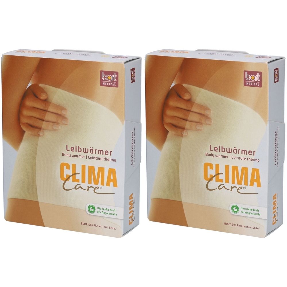 Deux boîtes de produit. Impression: CLIMA Care, chauffe-corps. Illustration d'une personne avec le produit. Marque BORT.