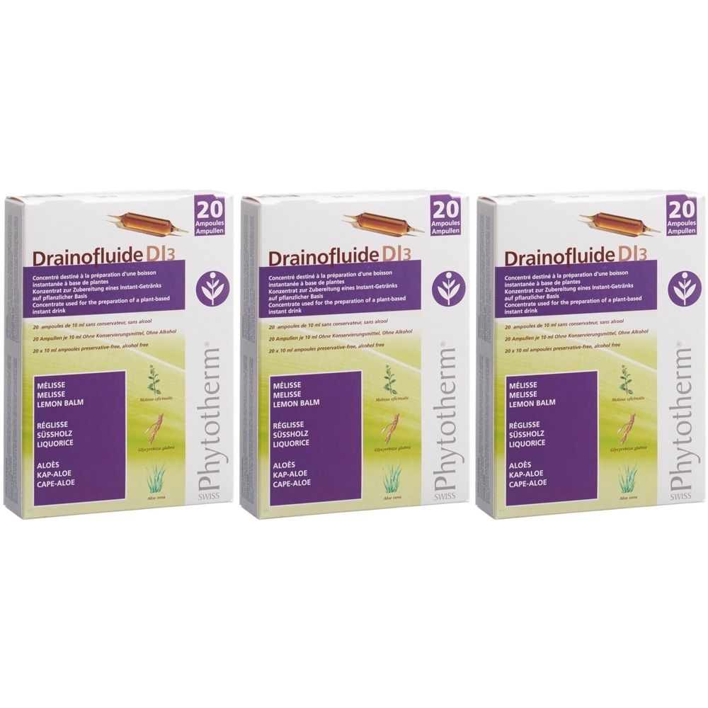 Drei Schachteln mit "Drainofluide DI3". Jede Schachtel enthält 20 Ampullen. Aufschrift: "Phytotherm".