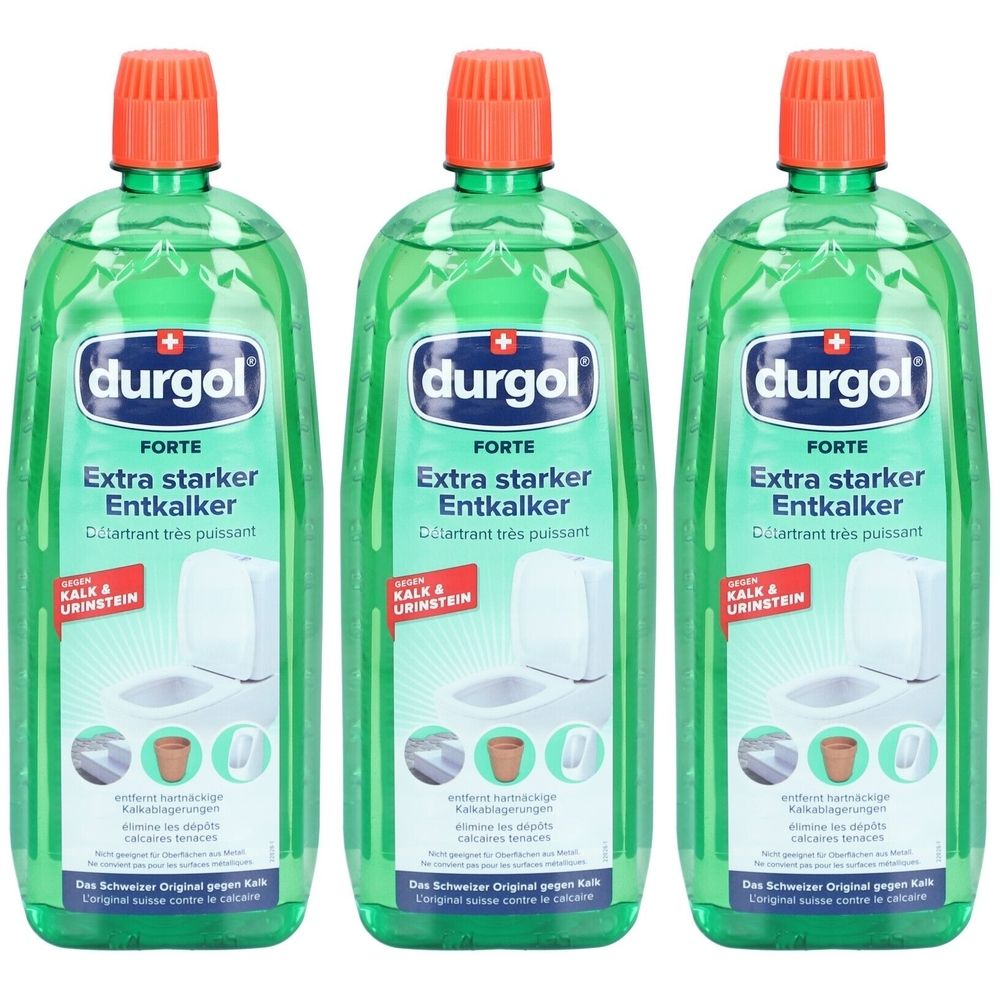 Drei grüne Flaschen mit orangefarbenen Deckeln. Auf jeder Flasche steht "durgol forte Extra starker Entkalker".