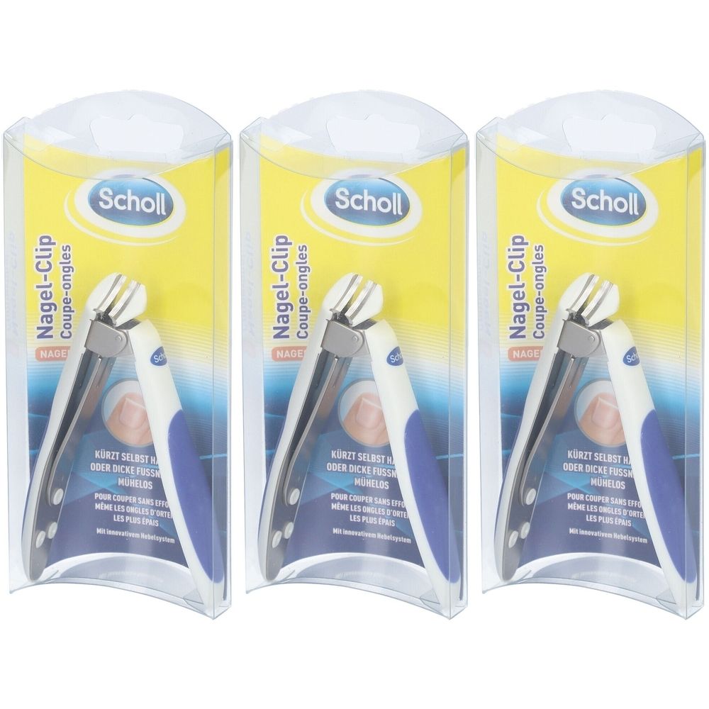 Trois coupe-ongles Scholl dans leur emballage. Métal, blanc, bleu. Inscription : Nagel-Clip, Scholl. Pour ongles épais.
