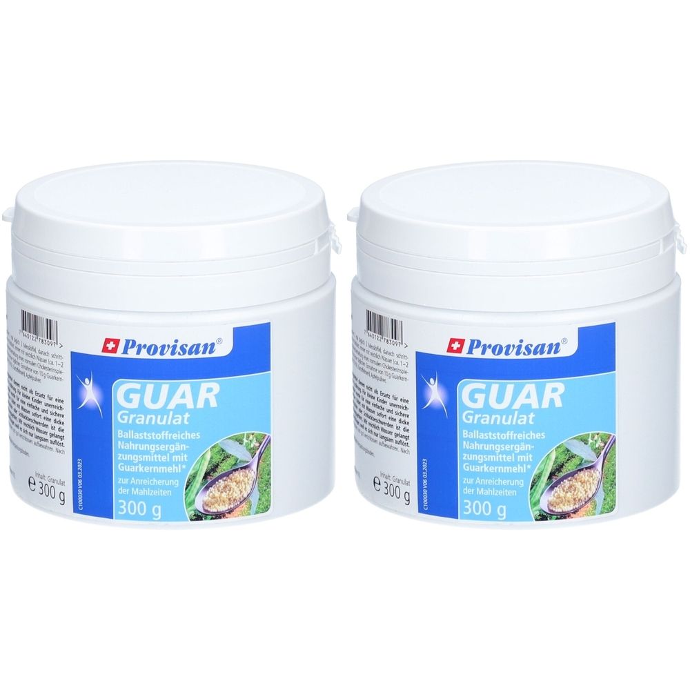 Deux boîtes blanches avec étiquette bleu et blanc. Inscription: GUAR Granulat, 300 g. Marque: Provisan.