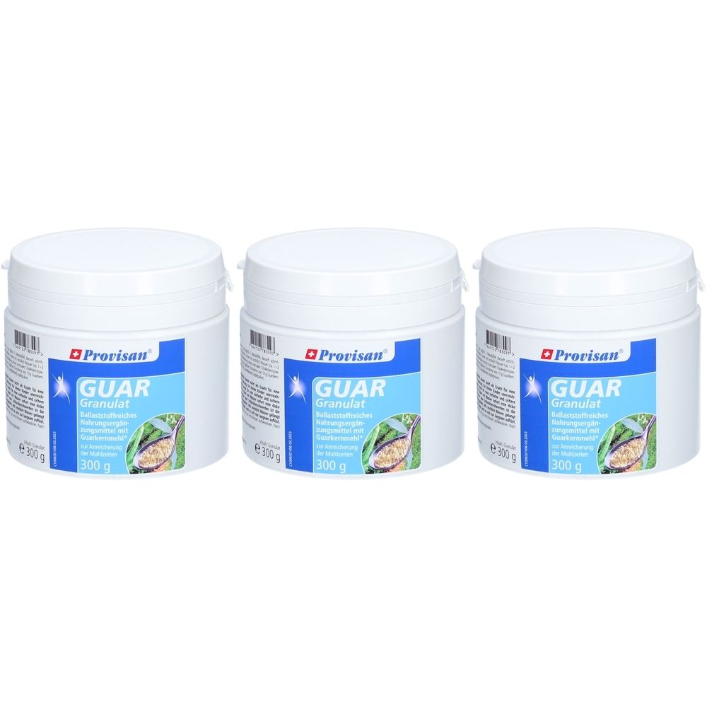 Trois pots blancs avec couvercles. Sur le devant, "GUAR Granulat" et "Provisan". Chaque pot contient 300 g.