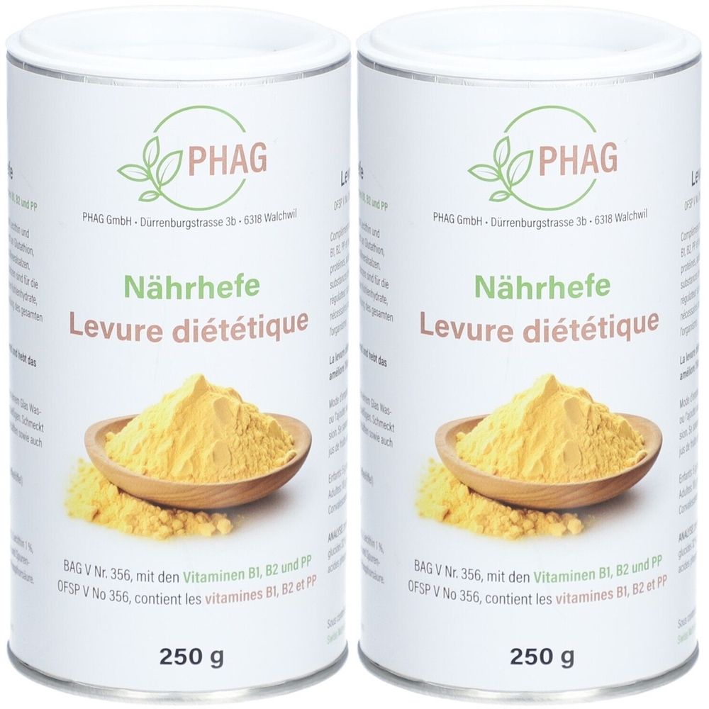 Deux boîtes de levure diététique. Inscription: PHAG, Nährhefe, Levure diététique. Contenu: 250 g. Avec vitamines B1, B2 et PP.