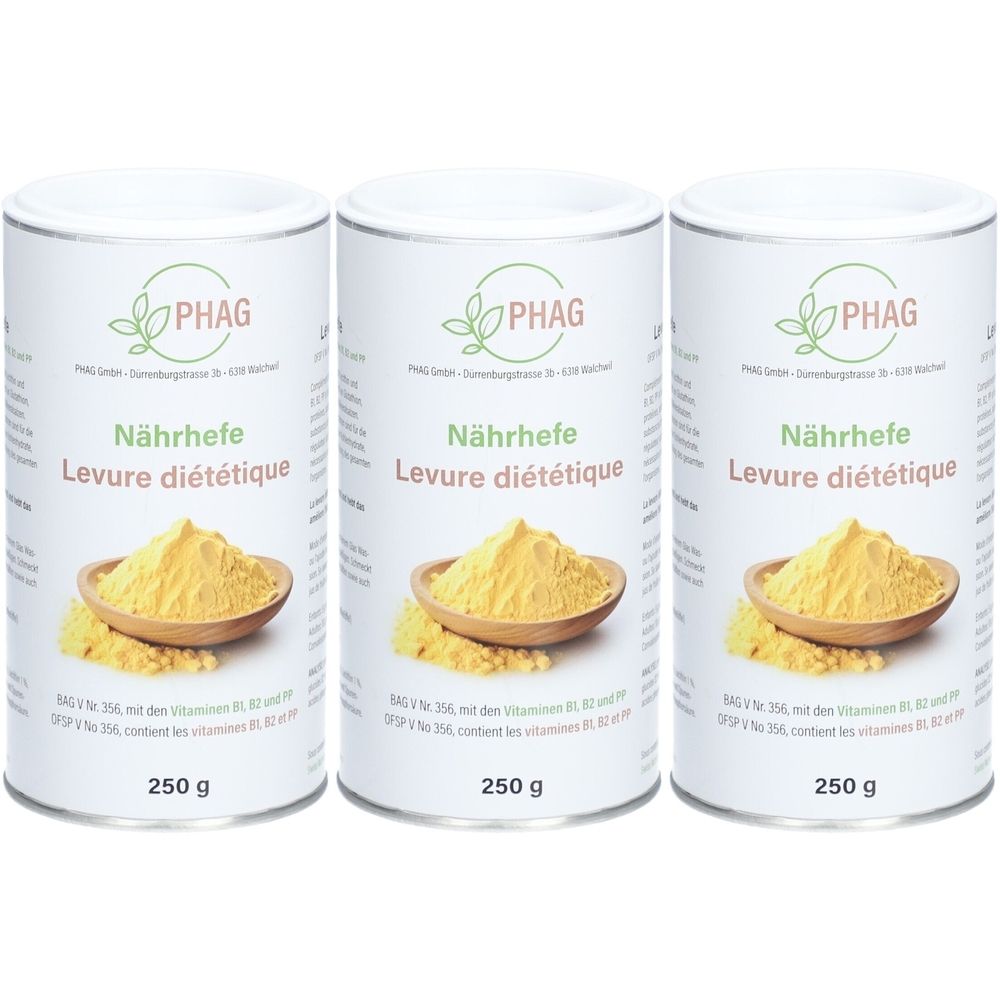 Trois boîtes de PHAG Levure diététique. Chaque boîte affiche une image du produit et du texte. Inscription : Nährhefe, Levure diététique, 250 g.