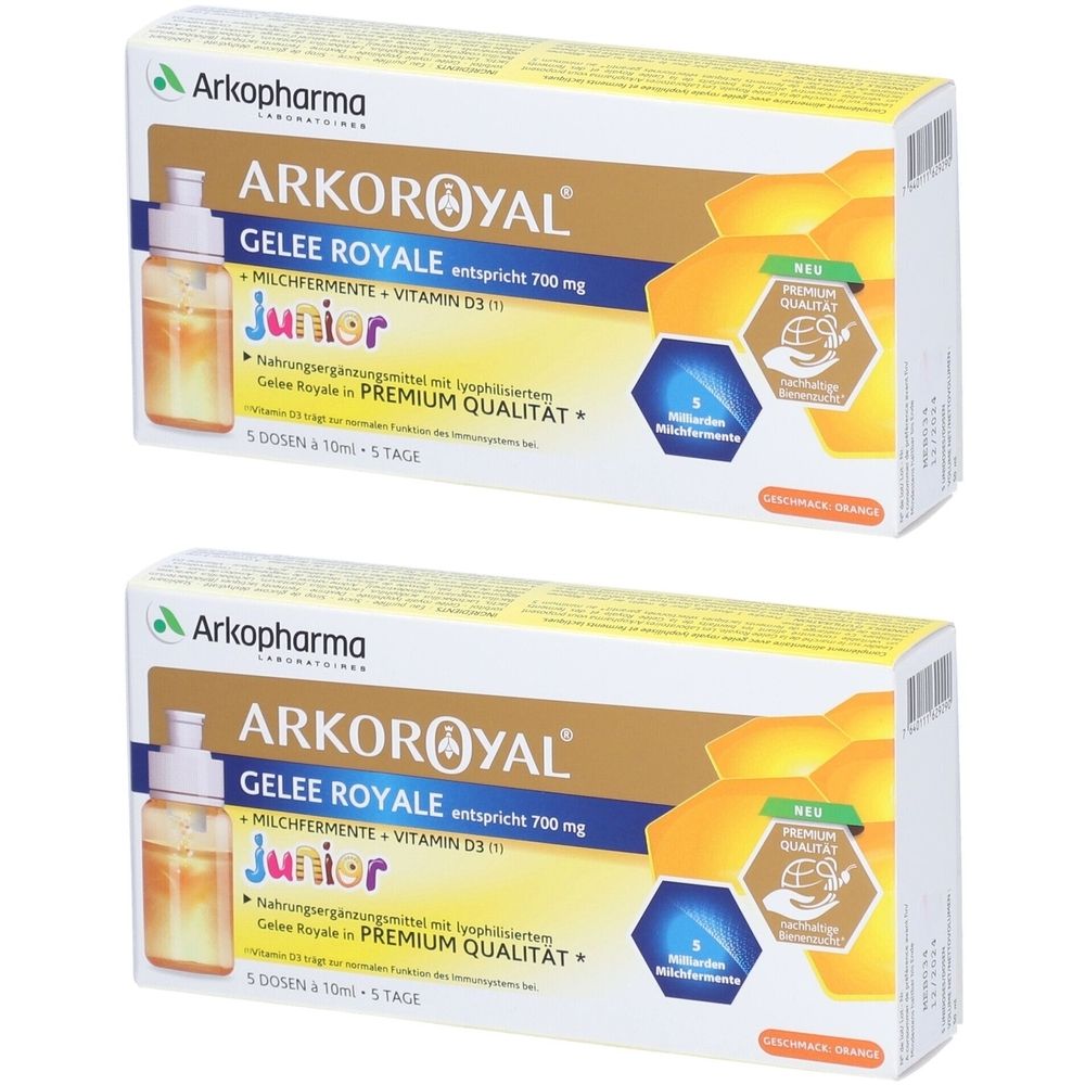 Zwei Schachteln Arkoroyal Junior. Aufschrift: Gelee Royale, Milchfermente, Vitamin D3. Mit Premium Qualität Siegel und 5 Dosen.