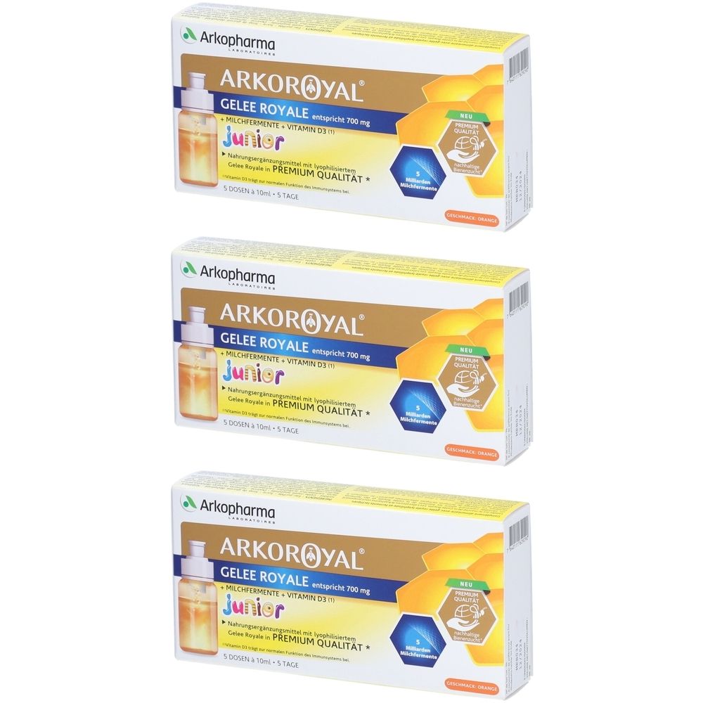 Drei Schachteln Arkoroyal Junior Gelée Royale. Aufschrift: Gelee Royale, Vitamin D3. Premium Qualität.