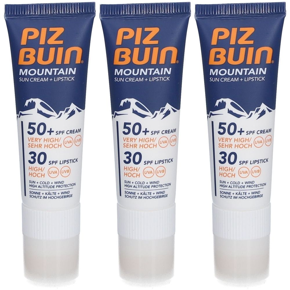 Drei Tuben Piz Buin Mountain Sonnencreme + Lippenpflegestift SPF50+. Blaue Tube mit weißem Deckel. Text: 50+ SPF Cream, 30 SPF Lipstick.