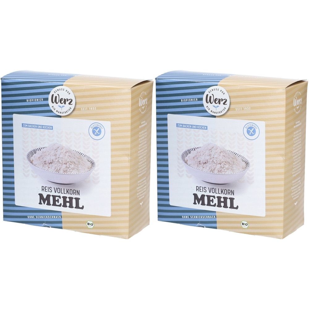 Deux boîtes de farine de riz Werz Bio sans gluten. Inscription: Farine de riz complet. Logo: Werz. Avec label bio et symbole sans gluten.