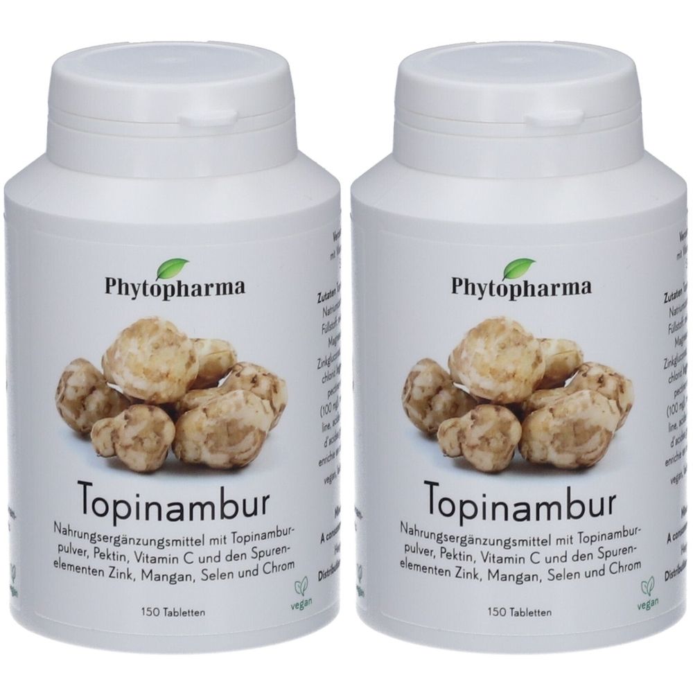 Zwei weiße Flaschen mit dem Produktnamen Topinambur. Aufschrift: Phytopharma. 150 Tabletten. Nahrungsergänzungsmittel.