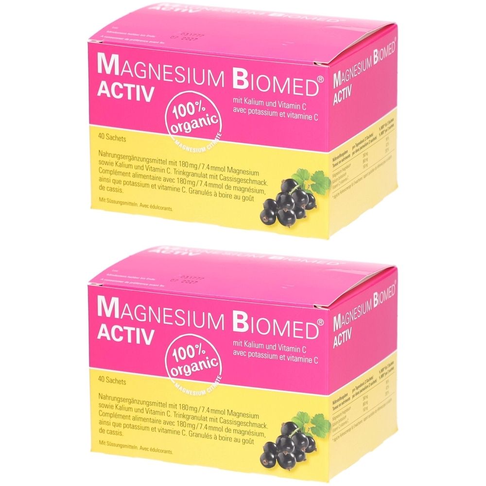 Zwei Packungen Magnésium Biomed Activ. Rosa Schachteln mit Produktnamen und Zusatzinformationen. Aufdruck: 100% organic.