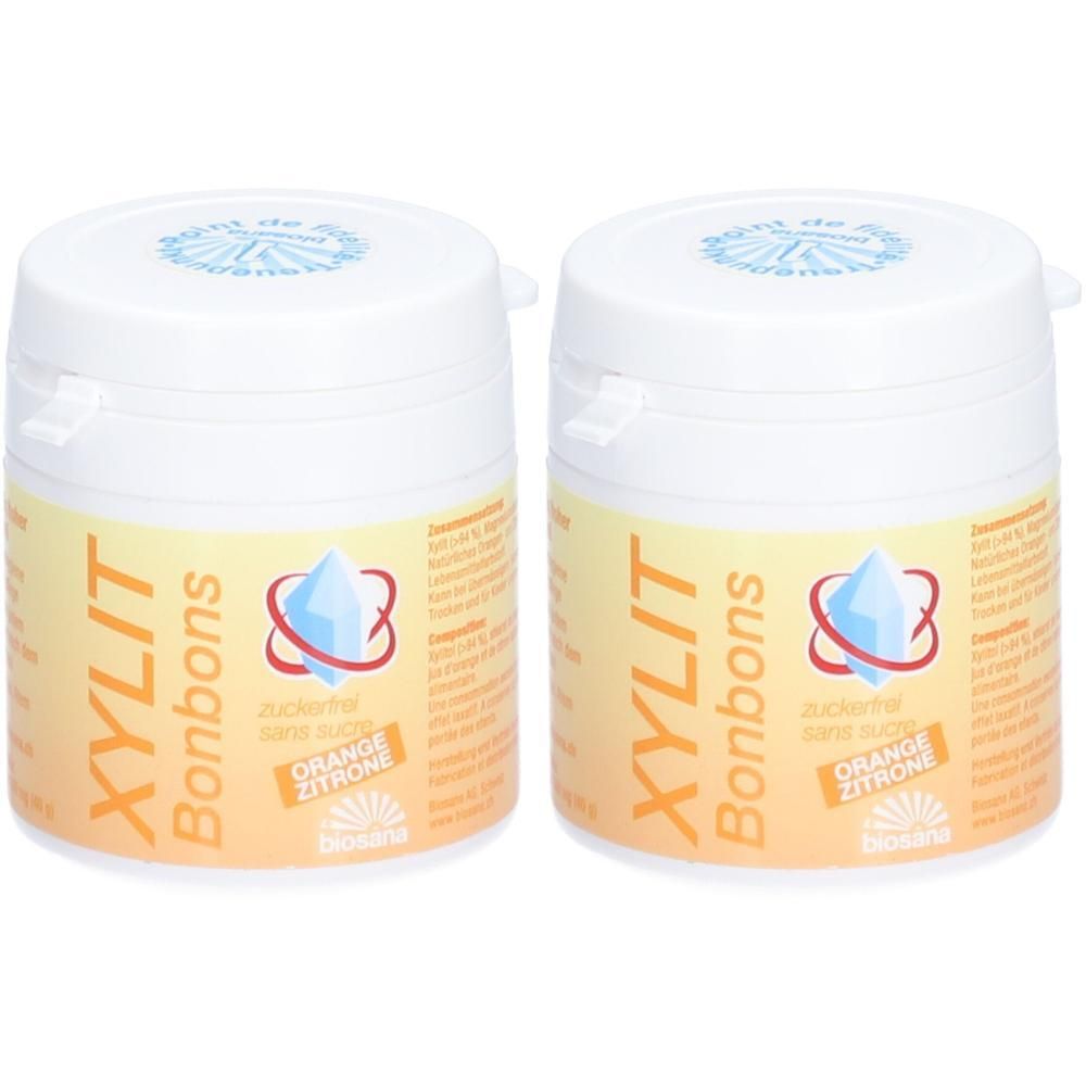 Deux boîtes de bonbons Biosana XYLIT Orange/Citron, sans sucre.