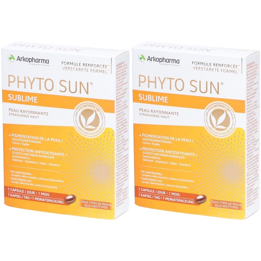 Zwei Schachteln Arkopharma Phyto Sun Sublime. Aufschrift: Pigmentierung der Haut, Schutz vor freien Radikalen. 1 Kapsel/Tag.