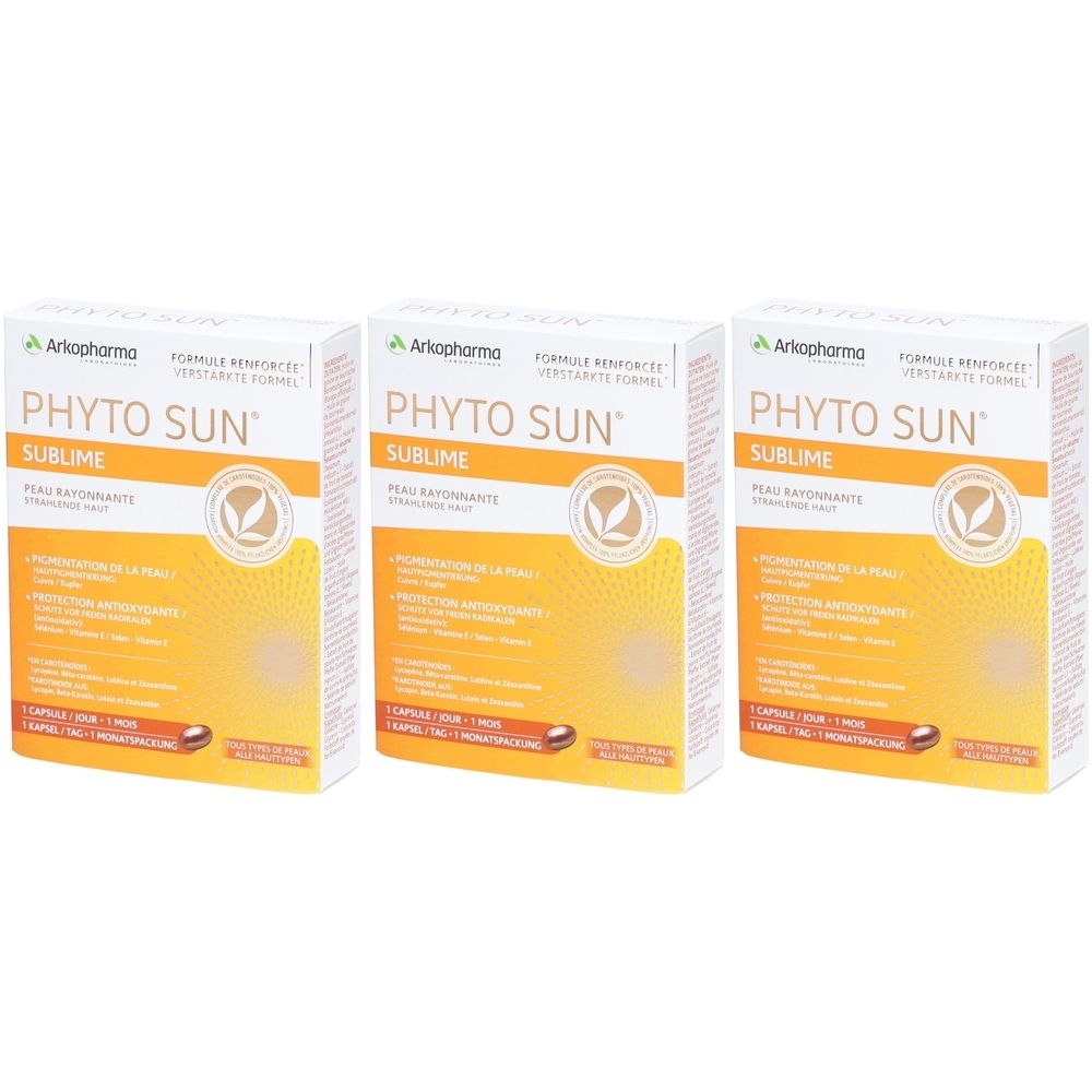 Drei Schachteln Arkopharma Phyto Sun Sublime. Weiße Schachteln mit gelbem Sonnenmotiv und Produktinformationen.