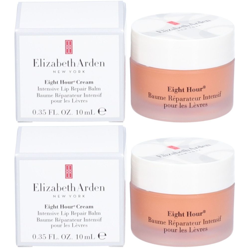 Zwei Tiegel und zwei Schachteln. Auf den Tiegeln steht "Eight Hour Baume Réparateur Intensif pour les Lèvres". Auf den Schachteln steht "Elizabeth Arden".