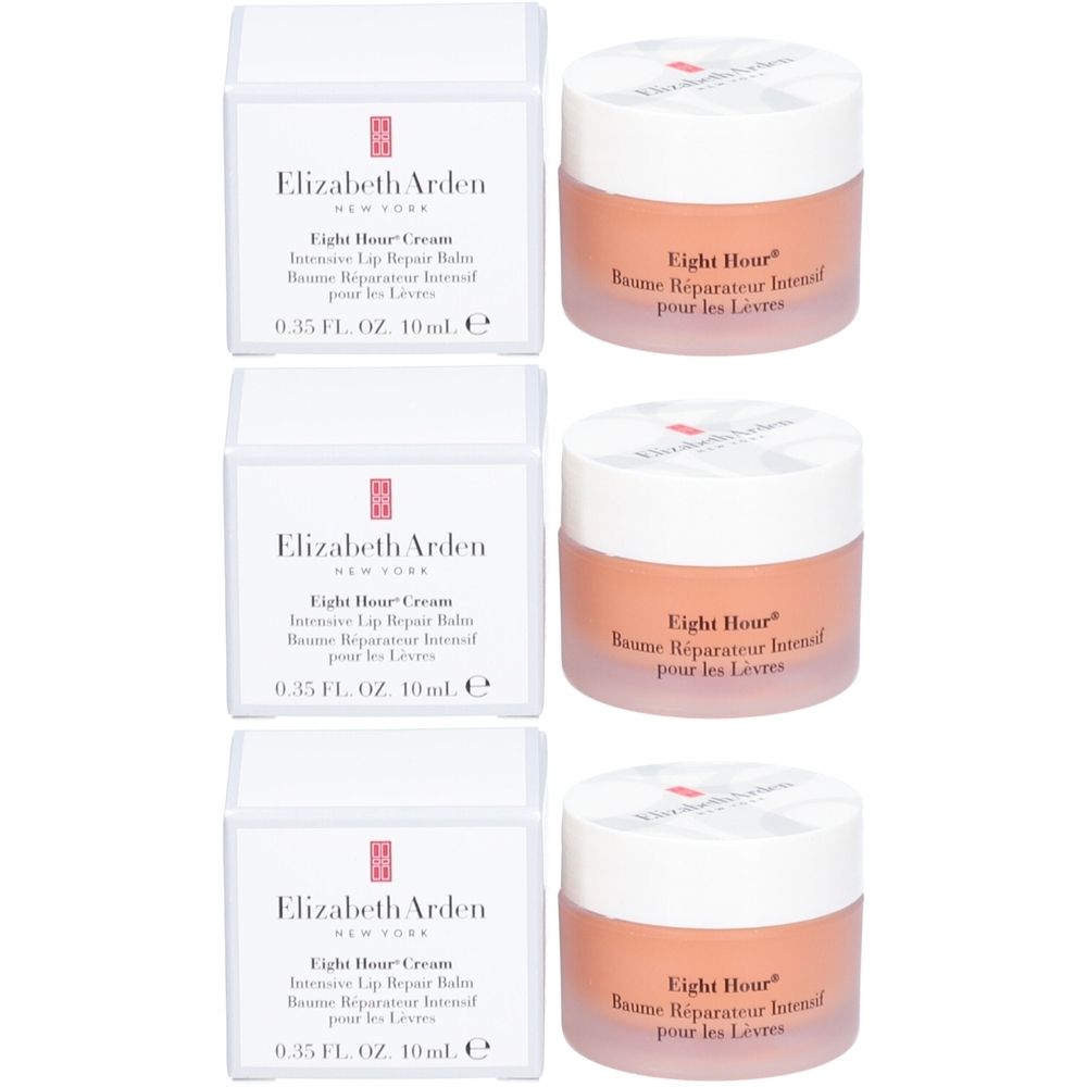 Drei Lipbalm-Tiegel und drei Schachteln. Auf den Tiegeln steht "Eight Hour". Auf den Schachteln steht "Elizabeth Arden".