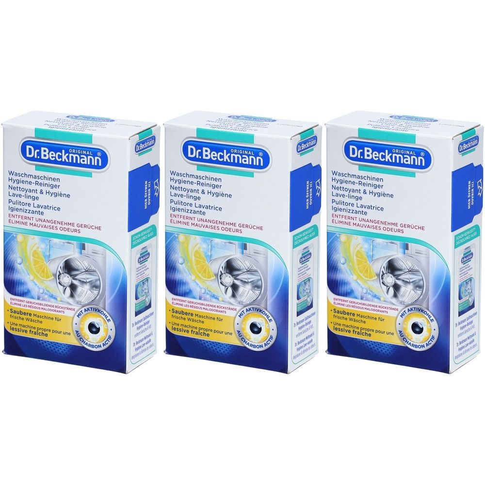 Drei Kartons Dr. Beckmann Waschmaschinen-Reiniger. Blaue und weiße Verpackung mit Produktnamen und Waschmaschinen-Illustration.