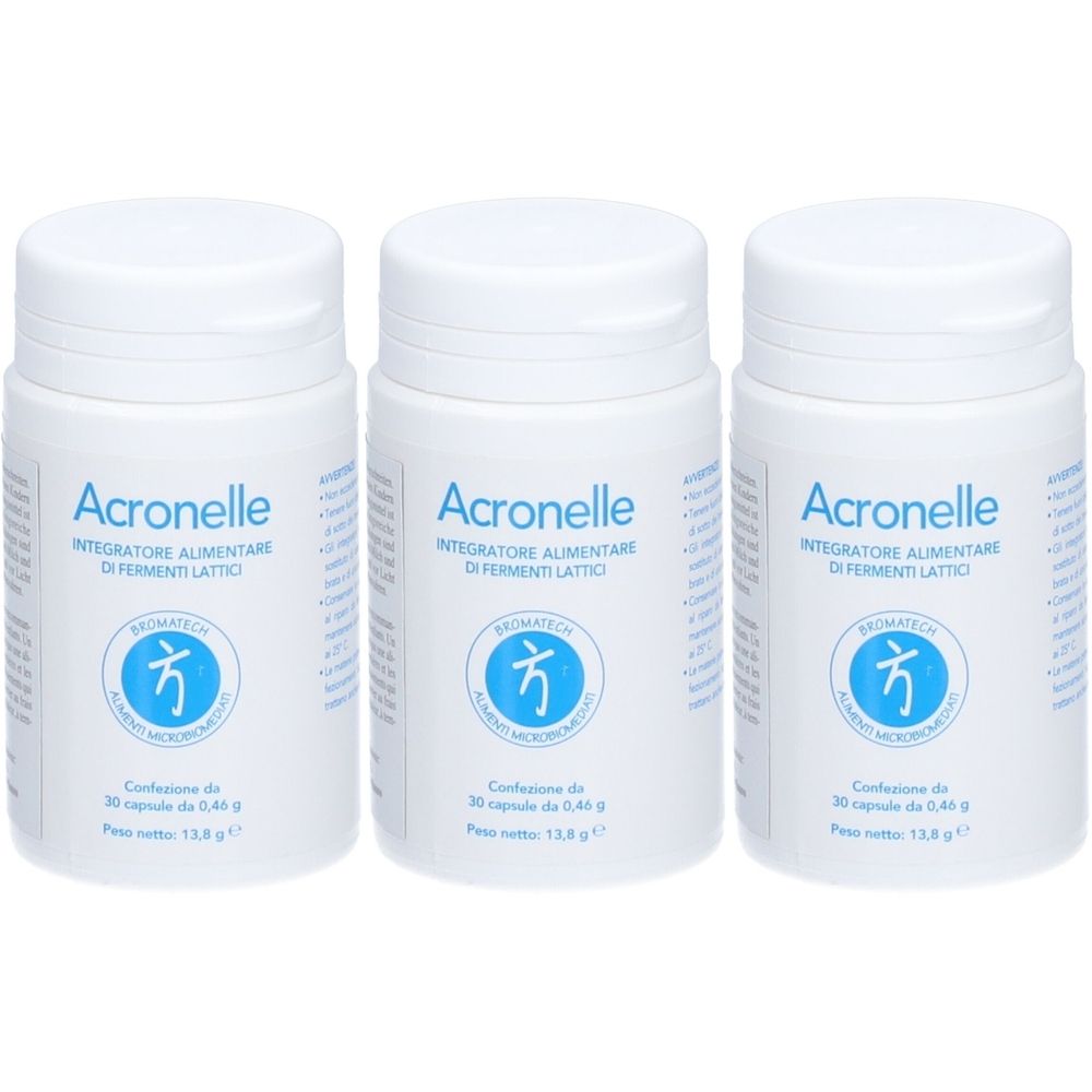 Drei weiße Flaschen mit Schraubverschluss. Auf jeder Flasche steht "Acronelle" und "Integratore Alimentare di Fermenti Lattici".