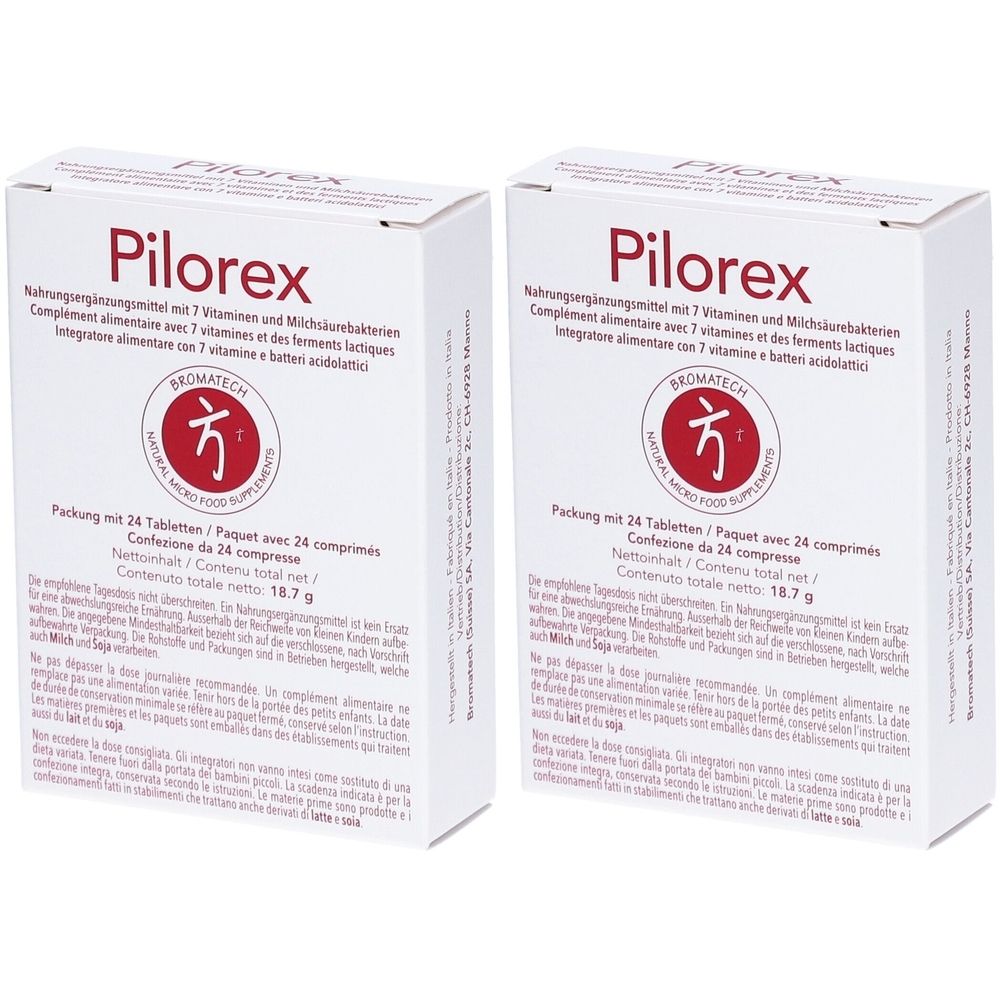 Zwei weiße Schachteln mit der Aufschrift "Pilorex". Auf jeder Schachtel befindet sich ein Logo und Text in mehreren Sprachen.