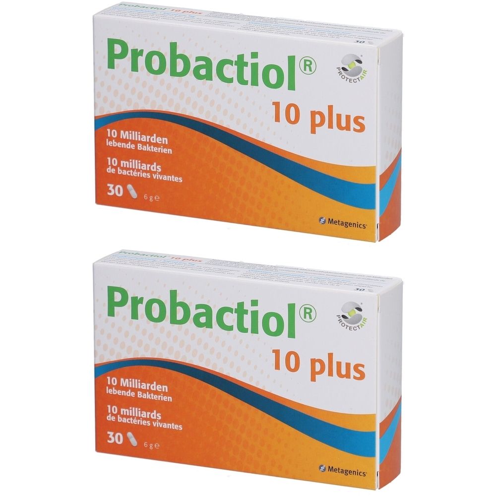 Deux boîtes blanches "Probactiol 10 plus". Texte: 10 milliards de bactéries vivantes, 30 unités. Marque: Metagenics.