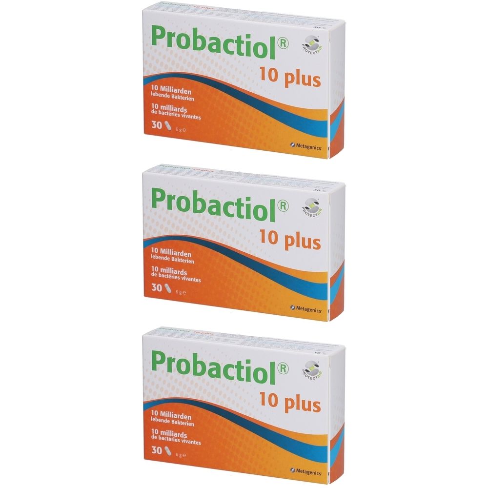 Drei Schachteln mit der Aufschrift Probactiol 10 plus. Auf jeder Schachtel steht 10 Milliarden lebende Bakterien und 30 %.