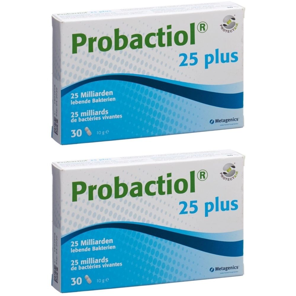 Zwei Schachteln Probactiol 25 plus. Weiße Verpackung mit blauem Wellenmuster. Text: 25 Milliarden lebende Bakterien, 30 Tabletten.