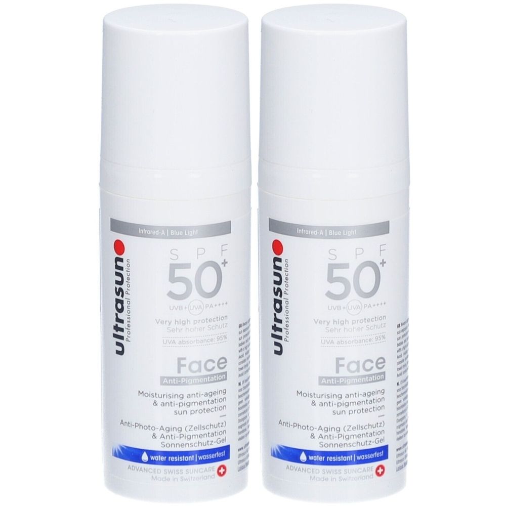 Deux flacons blancs "ultrasun Face SPF 50+". Résistant à l'eau, anti-âge et anti-pigmentation.