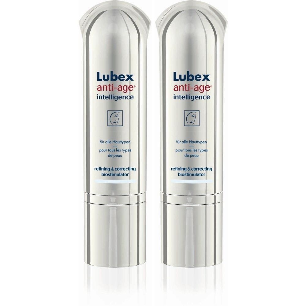 Deux flacons cylindriques. Sur chacun, "Lubex anti-age intelligence". Texte en dessous : "pour tous les types de peau".