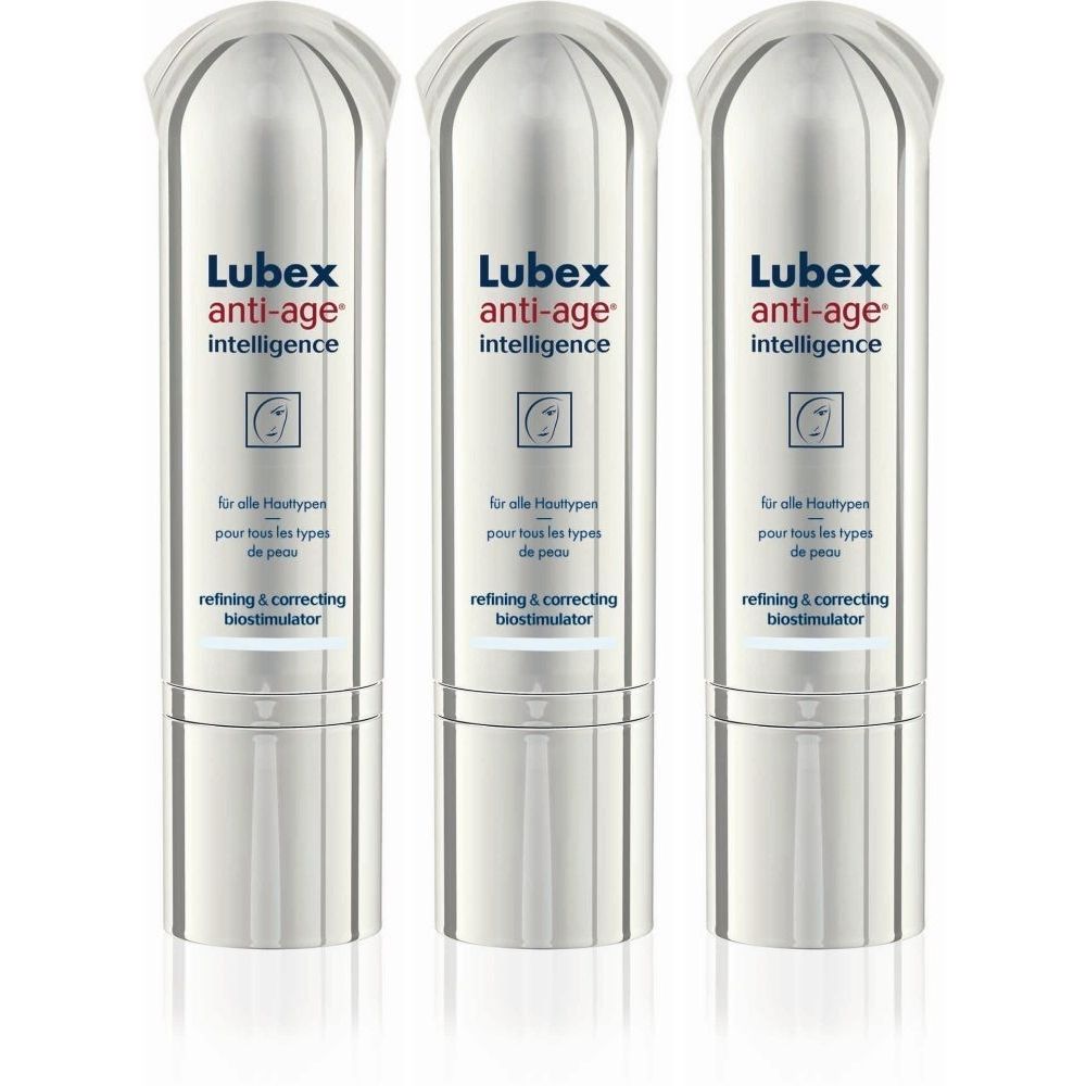 Trois tubes argentés avec bouchons blancs. Inscription: Lubex anti-age intelligence, pour tous types de peau, refining & correcting biostimulator.