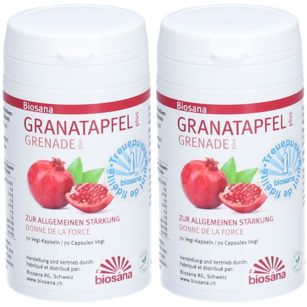 Zwei weiße Dosen mit roter Schrift. Aufschrift: GRANATAPFEL, GRENADE. Abbildung einer Granatapfel-Frucht. Marke: Biosana.