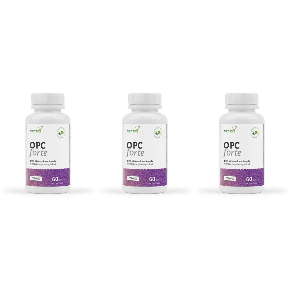 Drei weiße Flaschen mit dem Etikett "OPC forte". Jede Flasche enthält 60 Kapseln. Auf dem Etikett ist ein grünes Logo abgebildet.