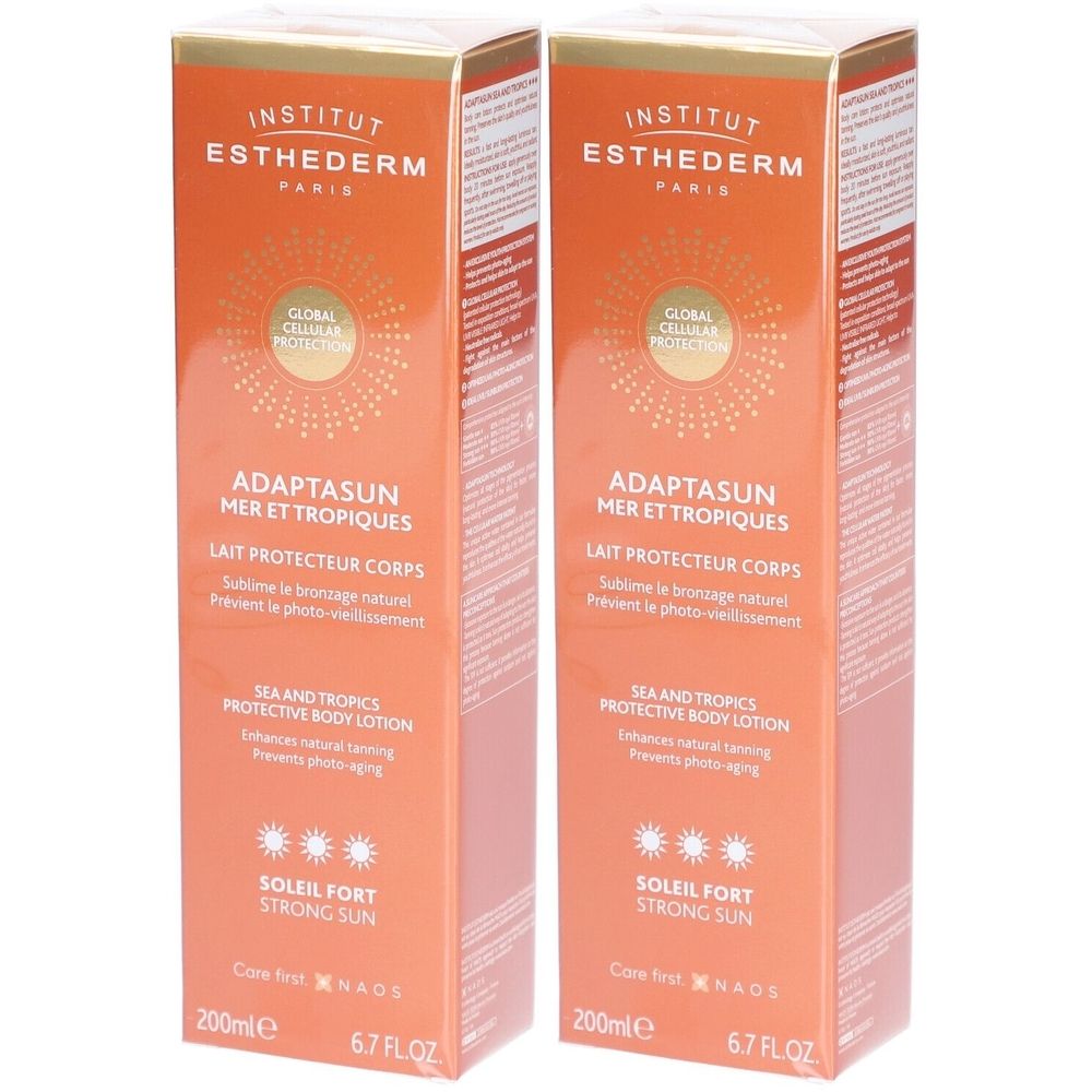 Zwei rechteckige Kartons mit Sonnenmilch. Orangefarbene Verpackung mit Text: Adaptasun, Lait Protecteur Corps, Soleil Fort. 200ml.