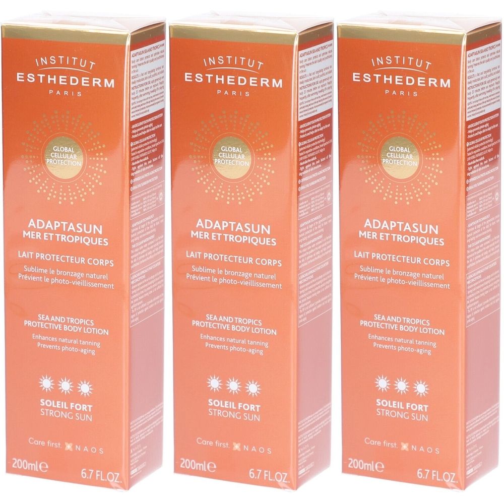 Drei identische rechteckige Kartons. Aufschrift: INSTITUT ESTHEDERM, Adaptasun, Lait Protecteur Corps, Soleil Fort. Orange-farbenes Design.