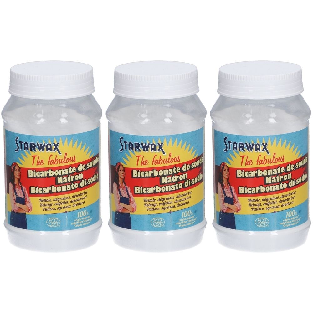 Drei transparente Behälter mit weißem Deckel. Auf den Etiketten steht STARWAX, Bicarbonate de soude, Natron und Bicarbonato di sodi.