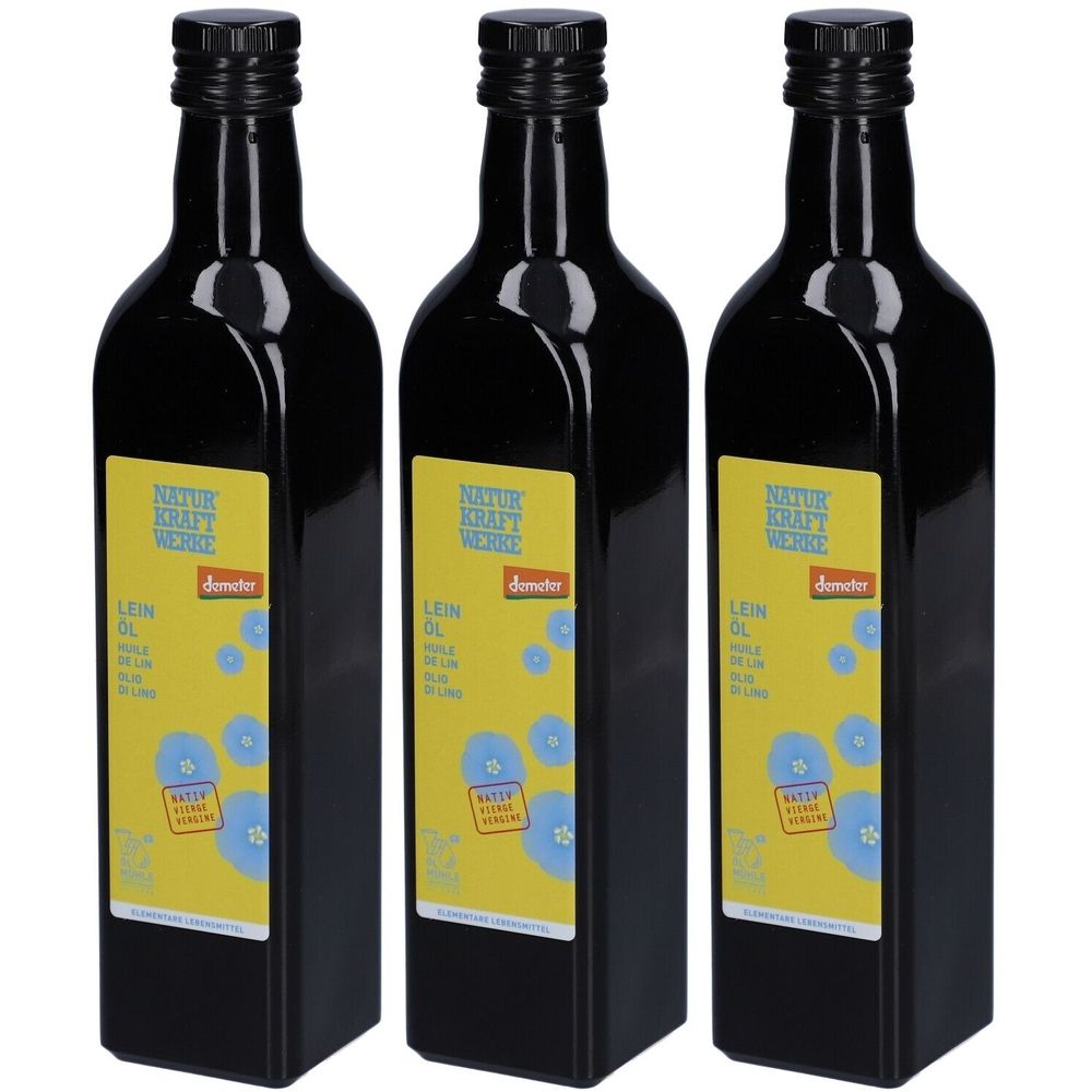 Trois bouteilles noires avec étiquettes jaunes. Inscription: NATURKRAFTWERKE, Huile de lin, label Demeter. Motifs floraux bleus.