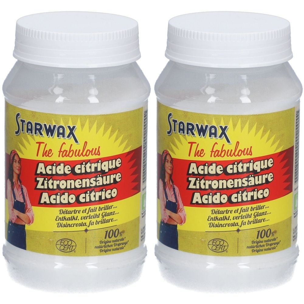 Deux flacons de STARWAX Acide citrique. Bouchons blancs, étiquettes jaunes avec nom du produit et informations en plusieurs langues. Logo ECO CERT.
