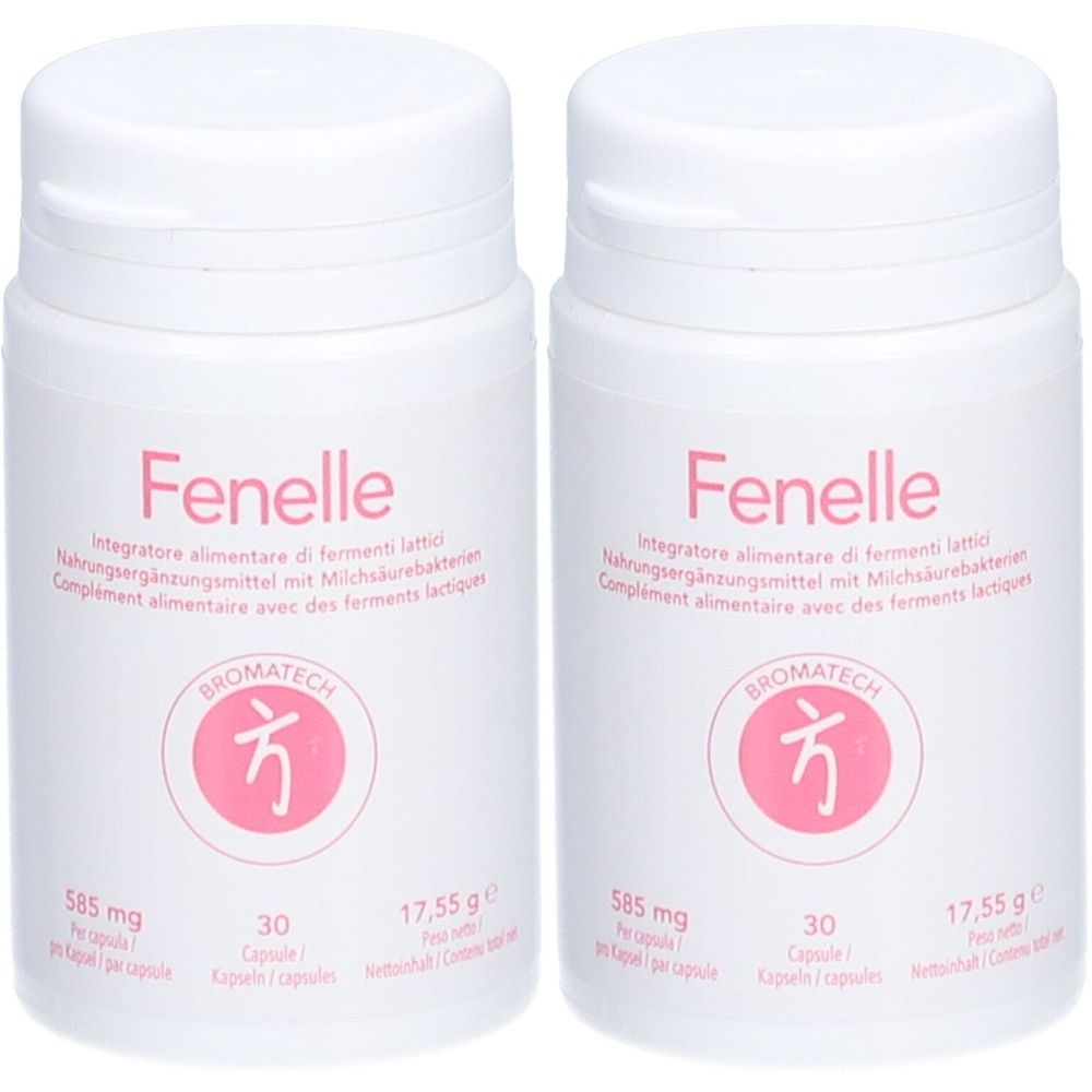 Deux flacons blancs avec l'inscription rose "Fenelle". Chaque flacon contient des informations sur les ingrédients et la quantité.