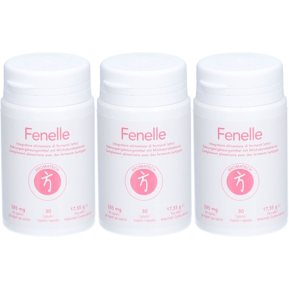 Trois flacons blancs avec le nom Fenelle. Chaque flacon affiche des informations sur le produit et un logo.