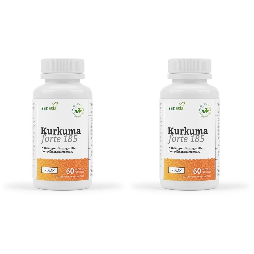 Deux flacons blancs de gélules. Inscription : Kurkuma forte 185, vegan, 60 gélules. Marque : sanasis.