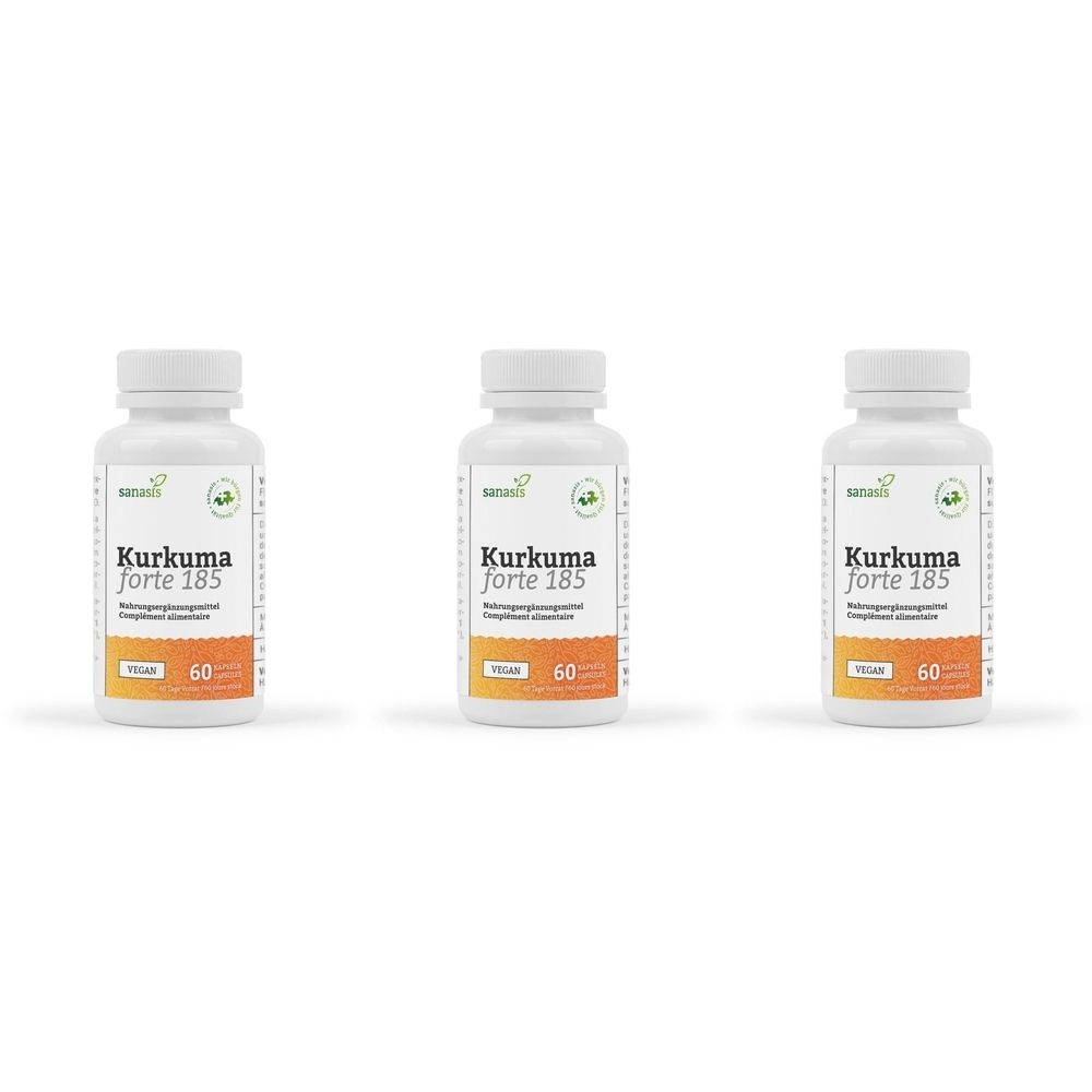 Trois flacons blancs avec bouchons à vis. Chaque flacon porte l'inscription "Kurkuma forte 185" et "60".