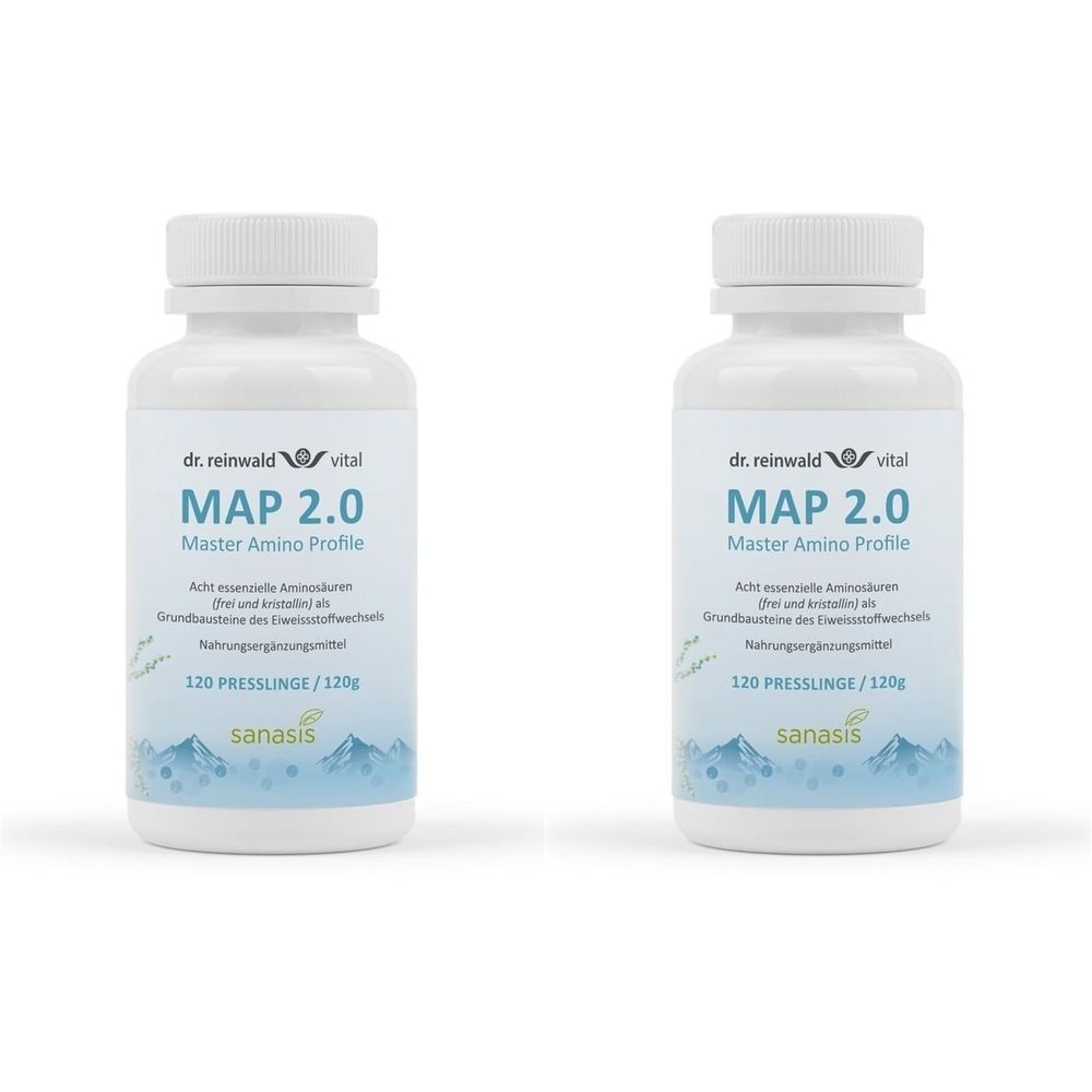 Zwei weiße Flaschen mit Schraubverschluss. Auf jeder Flasche steht "MAP 2.0 Master Amino Profile" und "sanasis".