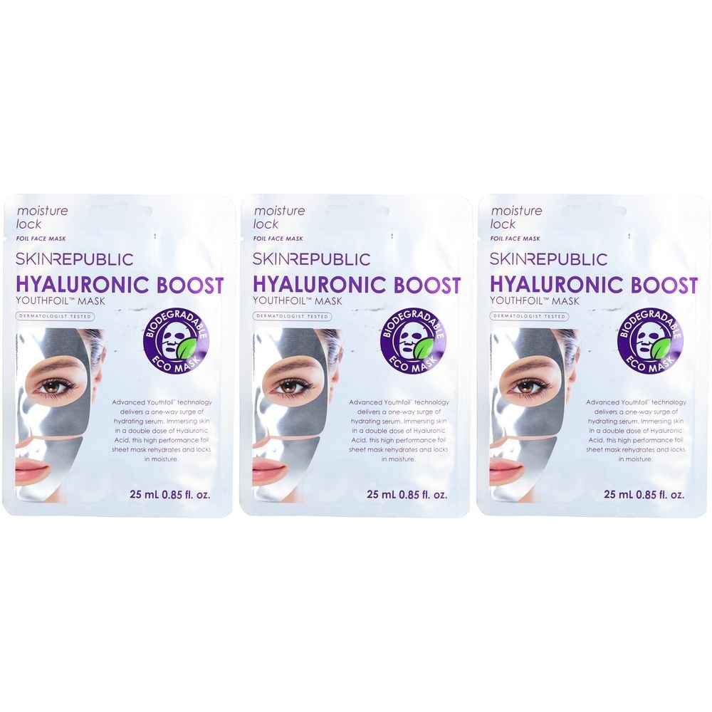Trois masques hydratants. Chaque emballage porte la mention SKIN REPUBLIC HYALURONIC BOOST. Avec une image d'un visage. En bas, il est écrit 25 ml 0,85 fl. oz.
