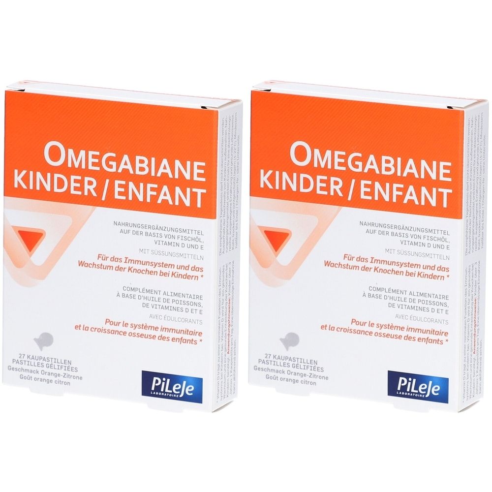 Zwei rechteckige Verpackungen mit der Aufschrift Omegabiane Kinder/Enfant. Orangefarbener Deckel, weißer Hintergrund. Marke Pileje.
