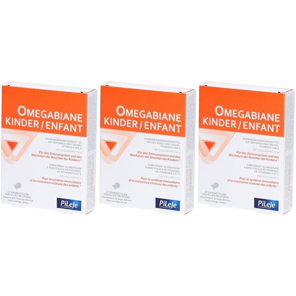 Drei Schachteln Omegabiane Kinder. Orangefarbener Deckel mit weißer Schrift. Aufschrift: Omegabiane Kinder/Enfant. Marke: PiLeje.