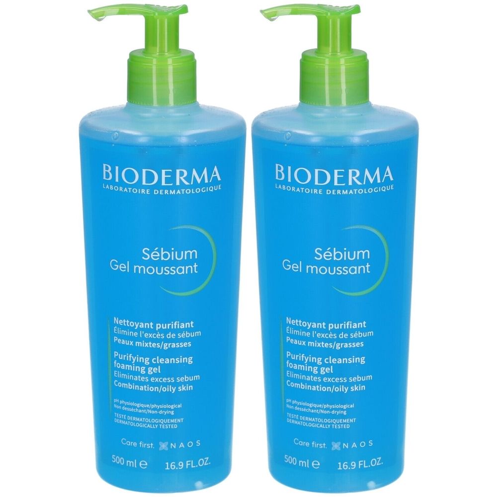 Deux flacons bleus avec pompes vertes. Inscription: BIODERMA, Sébium Gel moussant. Texte: Gel moussant purifiant pour peaux mixtes/grasses.