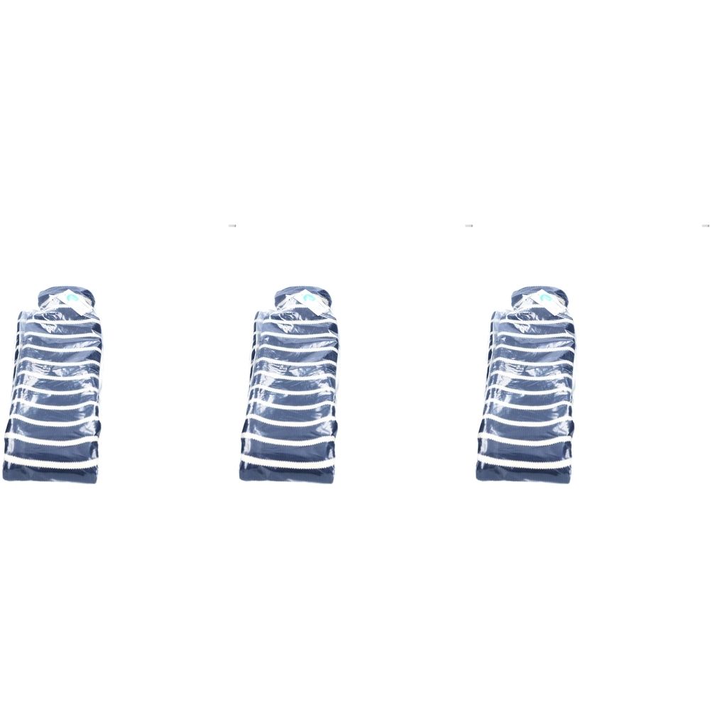 Drei Wärmflaschen in Marineblau. Jede Flasche hat horizontale Streifen und einen Schraubverschluss.