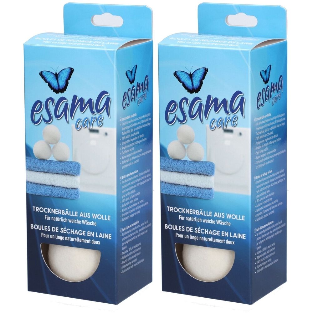 Zwei Produktverpackungen. Aufschrift: esama care. Trocknerbälle aus Wolle. Blaue Schachtel mit Schmetterling und Produktabbildung.