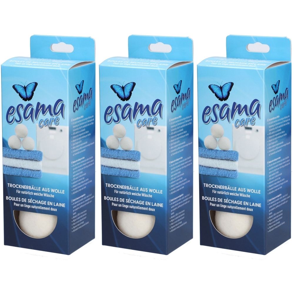 Drei Produktverpackungen. Auf jeder Verpackung ist das Logo "esama care" und Trocknerbälle aus Wolle abgebildet.