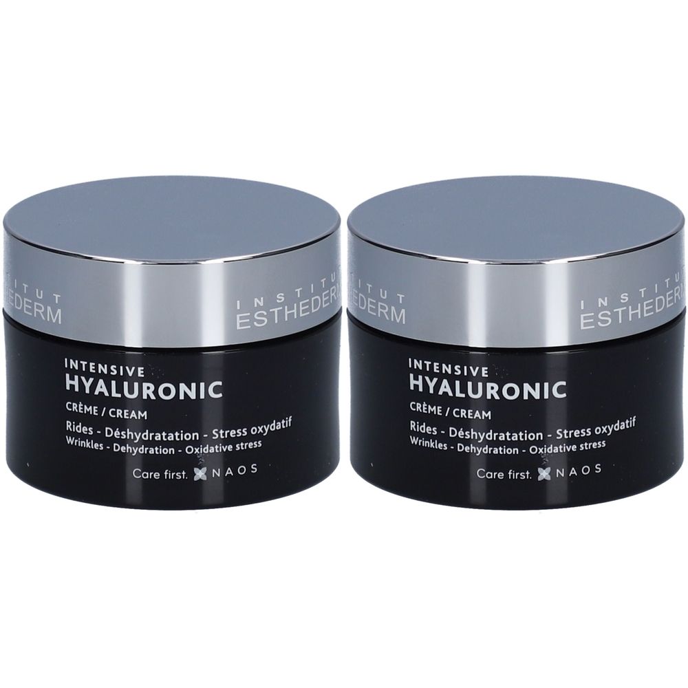 Zwei schwarze Tiegel mit silbernen Deckeln. Aufschrift: INSTITUT ESTHEDERM, INTENSIVE HYALURONIC CREME/CREAM. Gegen Falten, Austrocknung, oxidativen Stress.