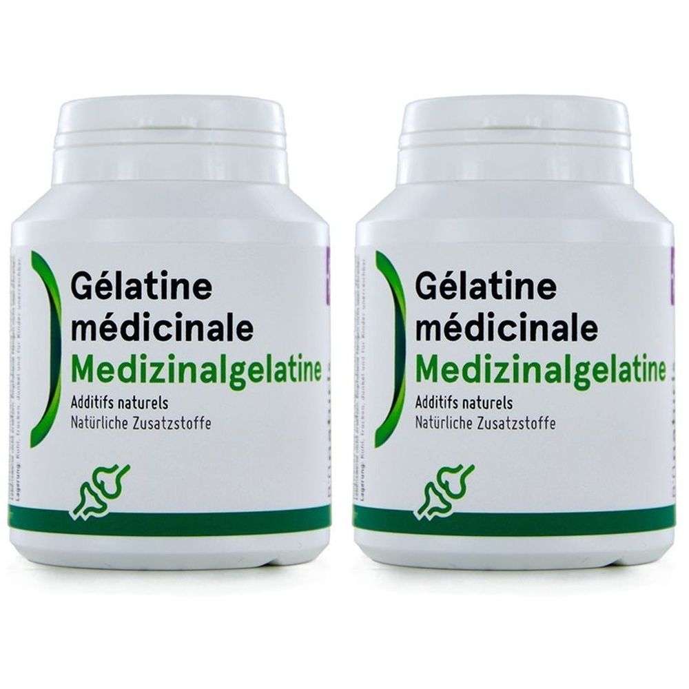 Zwei weiße Flaschen mit Kapseln. Aufschrift: Gélatine médicinale, Medizinische Gelatine, Additifs naturels, Natürliche Zusatzstoffe.