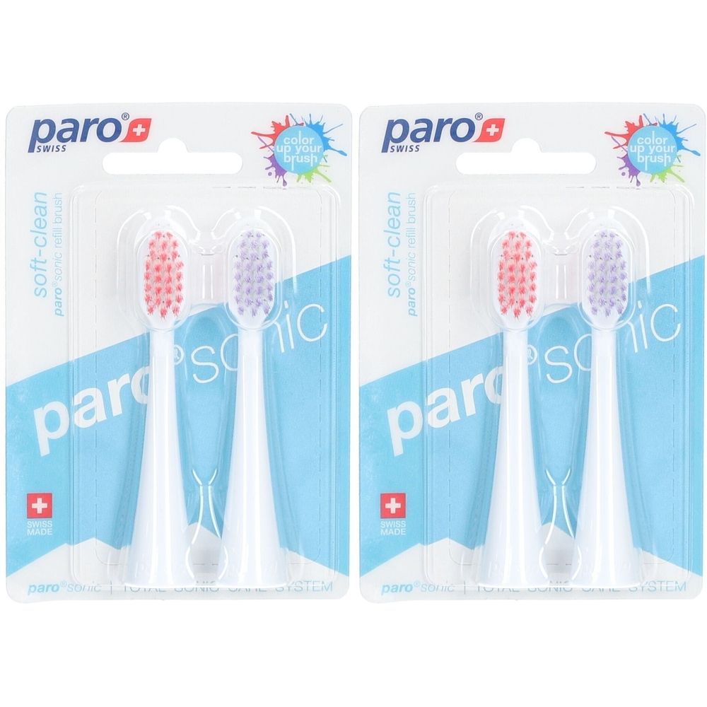 Deux paquets de têtes de brosse à dents de remplacement paro® Sonic. Chaque paquet contient deux têtes de brosse avec des poils colorés.